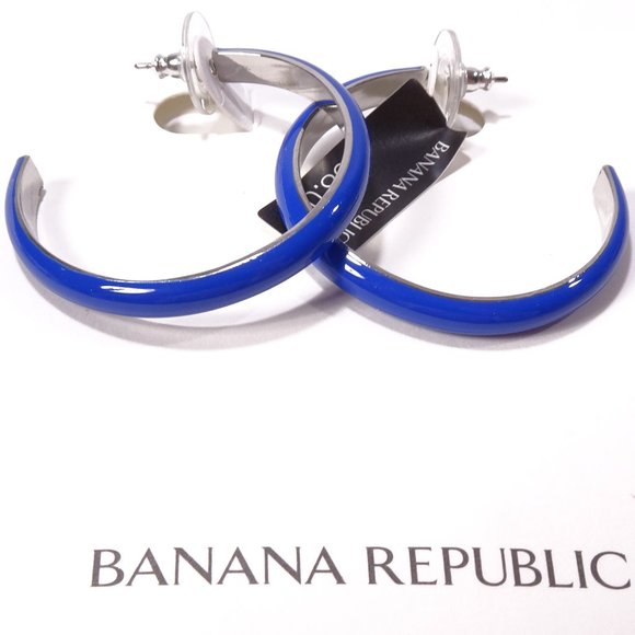 Banana republic  NAVY BLUE Enamel SILVER Hoop Earrings NWT 38 - Picture 2 of 9